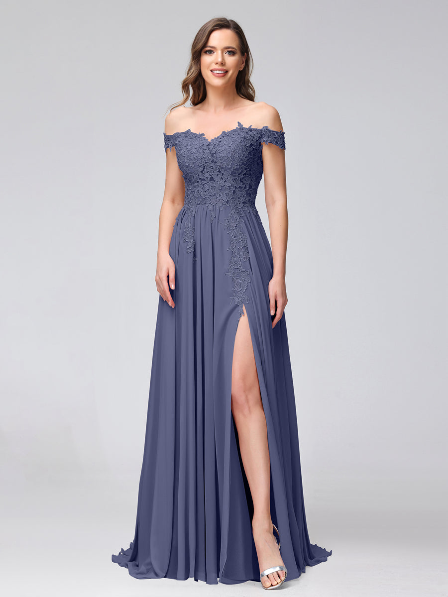 Vestidos Longos de Dama de Honra com Apliques de Chiffon Sem Mangas com Ombros de Fora e Fenda Lateral