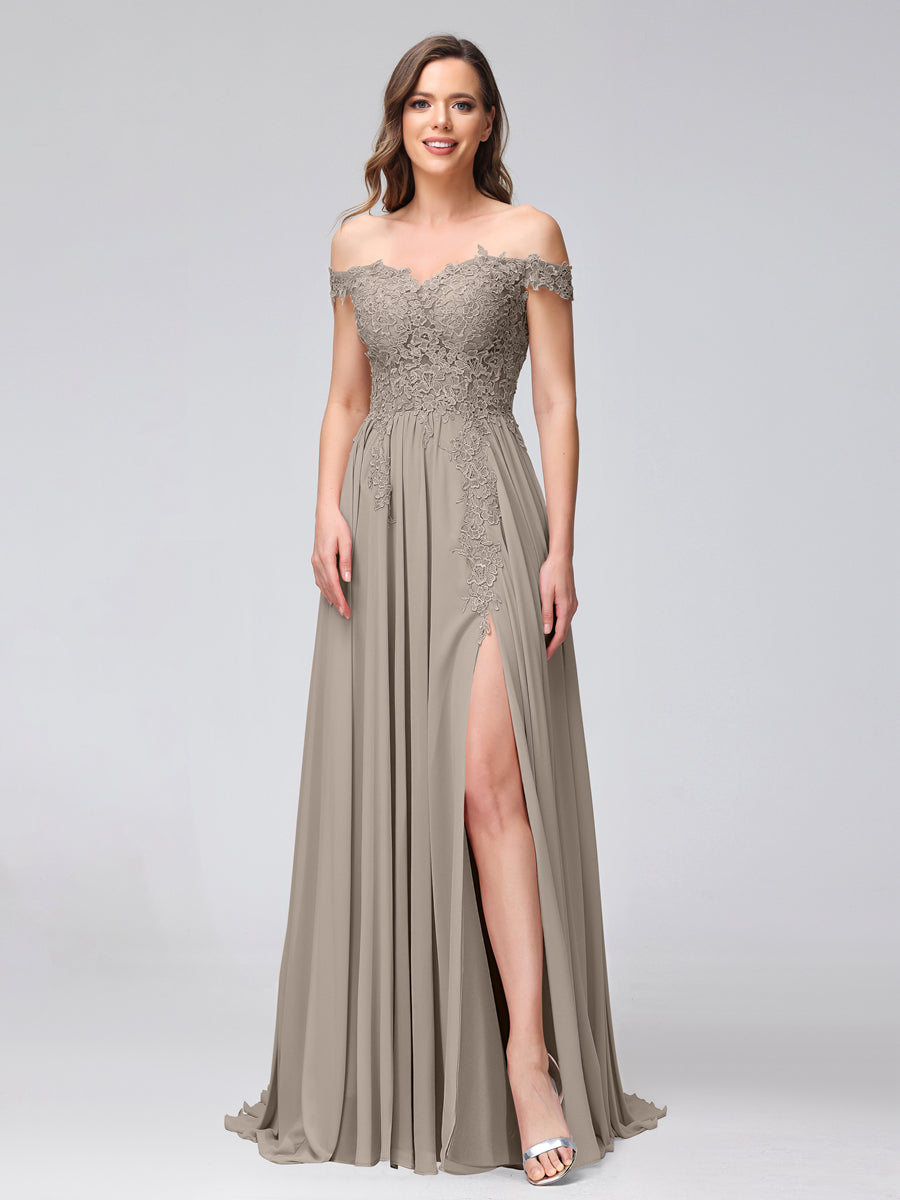 Vestidos Longos de Dama de Honra com Apliques de Chiffon Sem Mangas com Ombros de Fora e Fenda Lateral