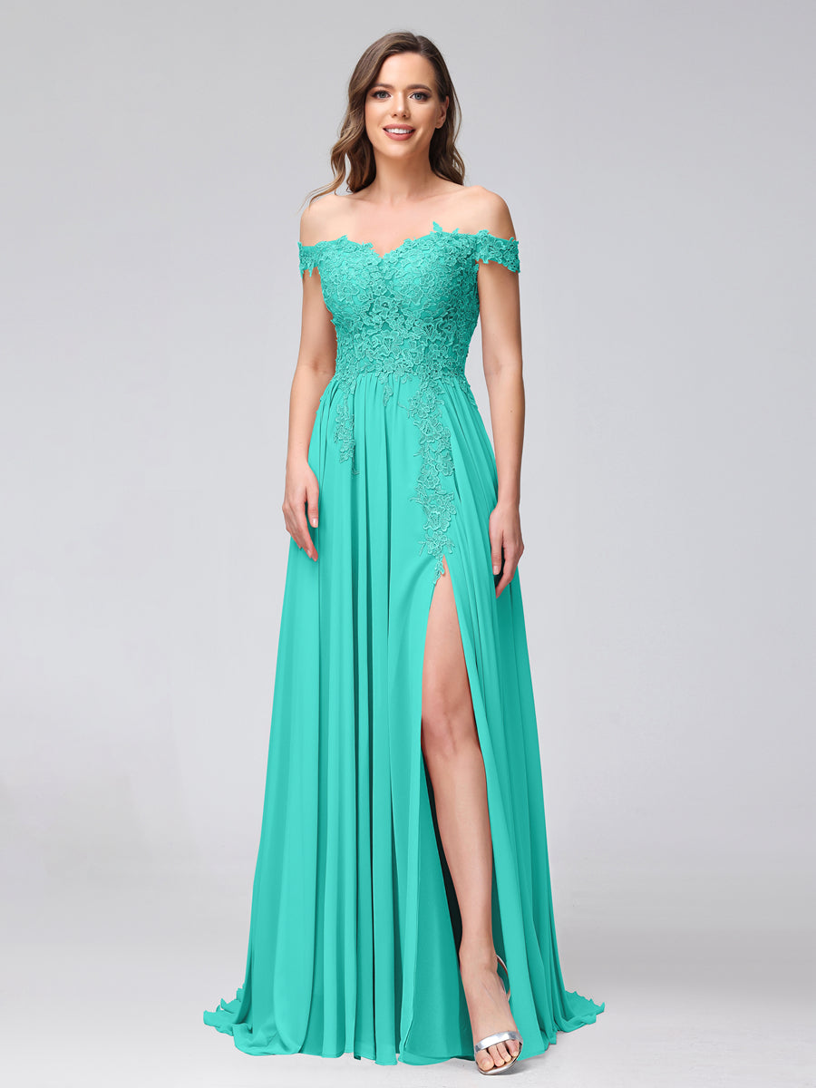 Vestidos Longos de Dama de Honra com Apliques de Chiffon Sem Mangas com Ombros de Fora e Fenda Lateral