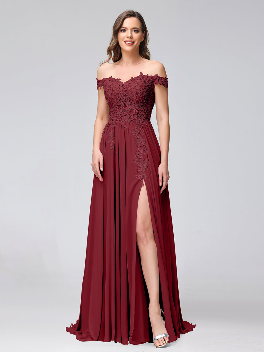 Vestidos Longos de Dama de Honra com Apliques de Chiffon Sem Mangas com Ombros de Fora e Fenda Lateral