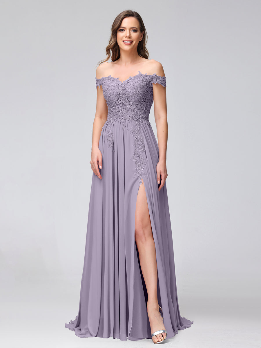 Vestidos Longos de Dama de Honra com Apliques de Chiffon Sem Mangas com Ombros de Fora e Fenda Lateral