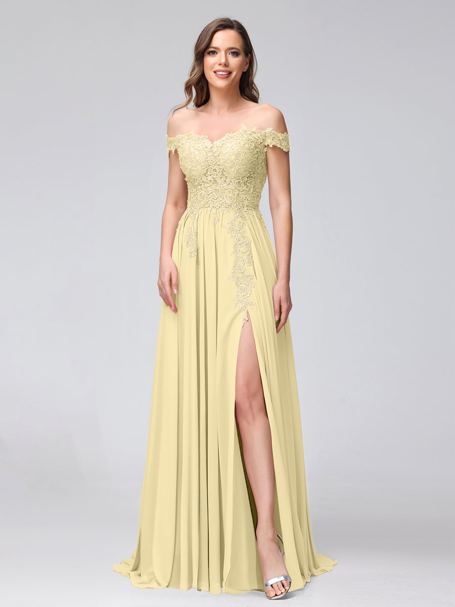 Vestidos Longos de Dama de Honra com Apliques de Chiffon Sem Mangas com Ombros de Fora e Fenda Lateral