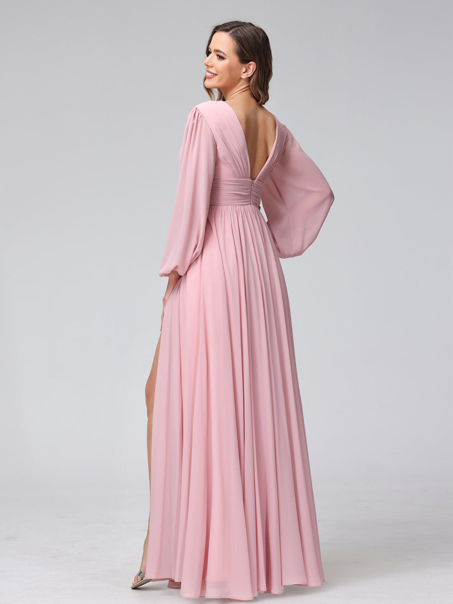 Vestidos de Dama de Honra Em Chiffon Longo com Decote Em V e Mangas Compridas com Bolsos Laterais Divididos