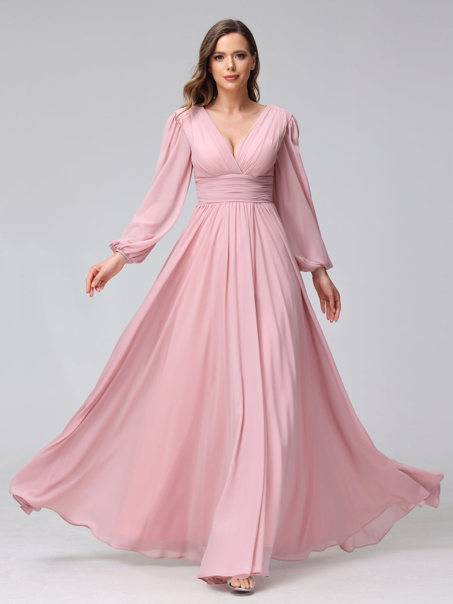 Vestidos de Dama de Honra Em Chiffon Longo com Decote Em V e Mangas Compridas com Bolsos Laterais Divididos