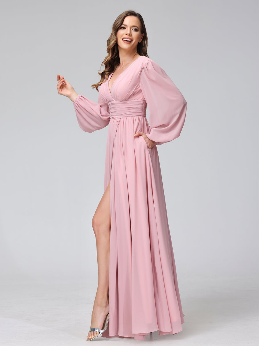 Vestidos de Dama de Honra Em Chiffon Longo com Decote Em V e Mangas Compridas com Bolsos Laterais Divididos