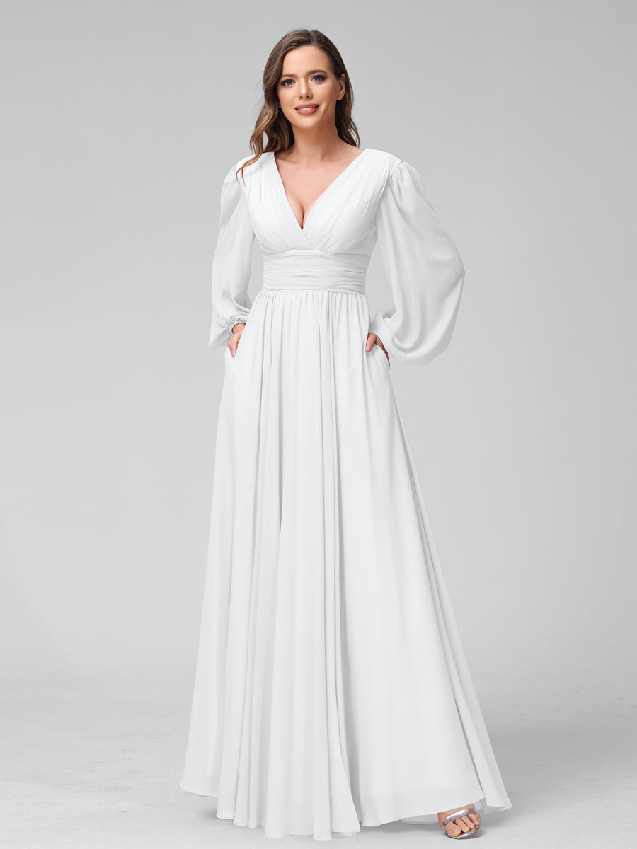 Vestidos de Dama de Honra Em Chiffon Longo com Decote Em V e Mangas Compridas com Bolsos Laterais Divididos