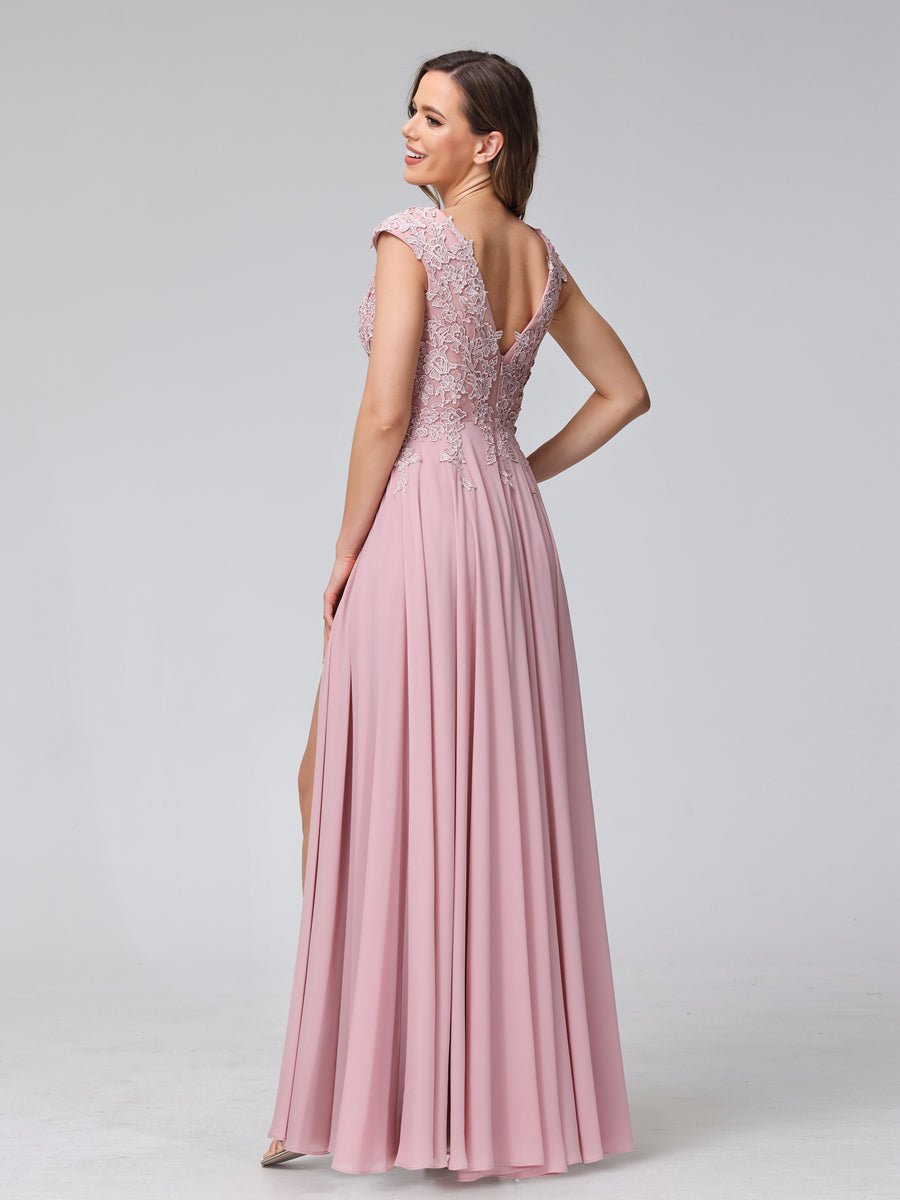 Vestidos Longos de Dama de Honra Em Chiffon Sem Mangas com Decote Em V e Apliques Laterais Divididas