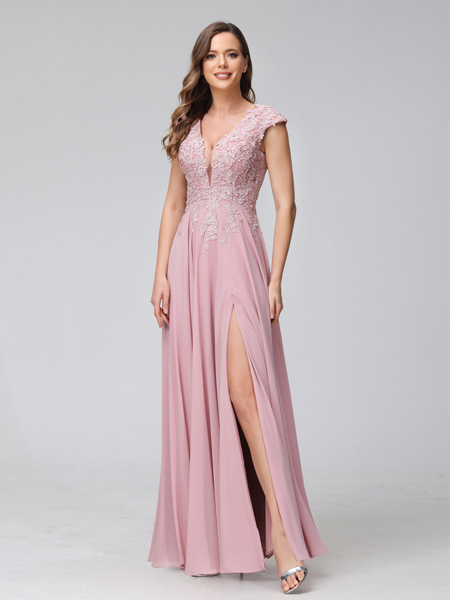 Vestidos Longos de Dama de Honra Em Chiffon Sem Mangas com Decote Em V e Apliques Laterais Divididas
