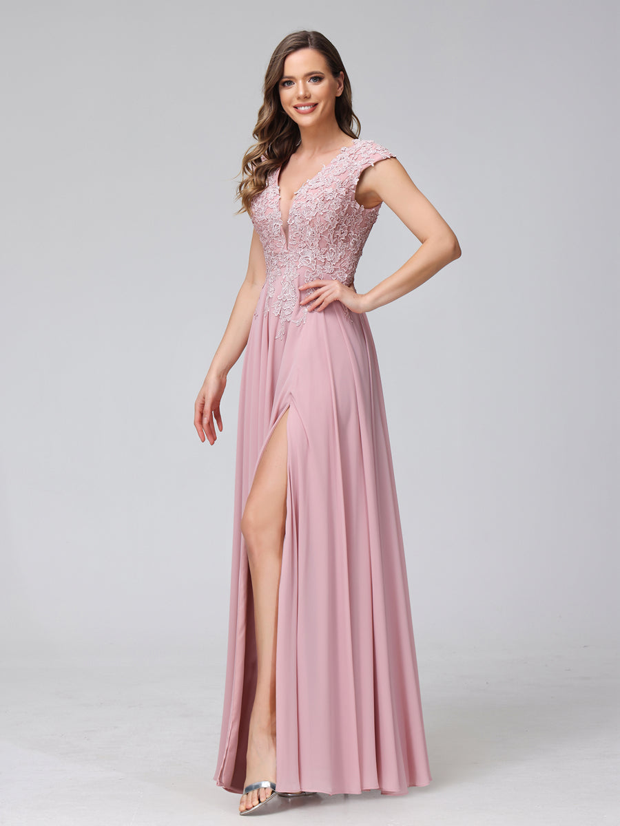 Vestidos Longos de Dama de Honra Em Chiffon Sem Mangas com Decote Em V e Apliques Laterais Divididas