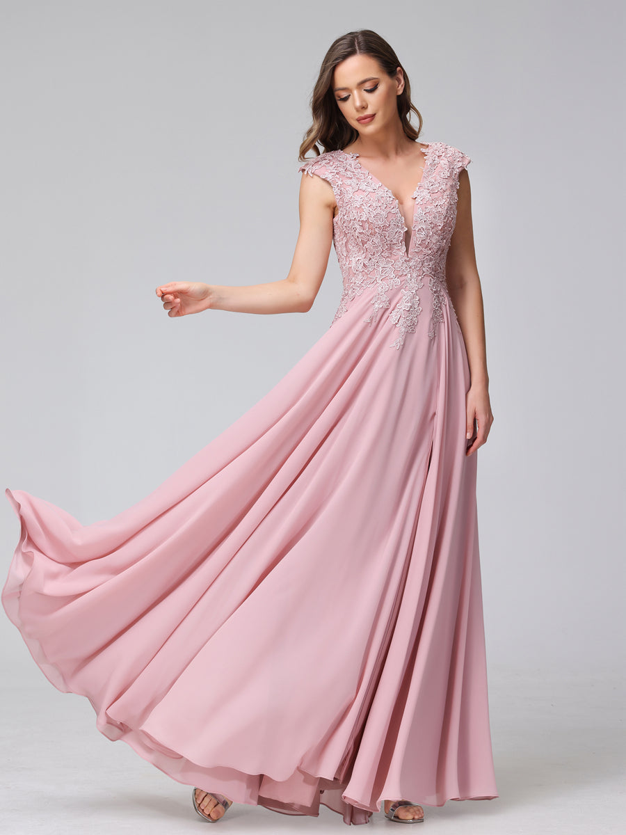 Vestidos Longos de Dama de Honra Em Chiffon Sem Mangas com Decote Em V e Apliques Laterais Divididas