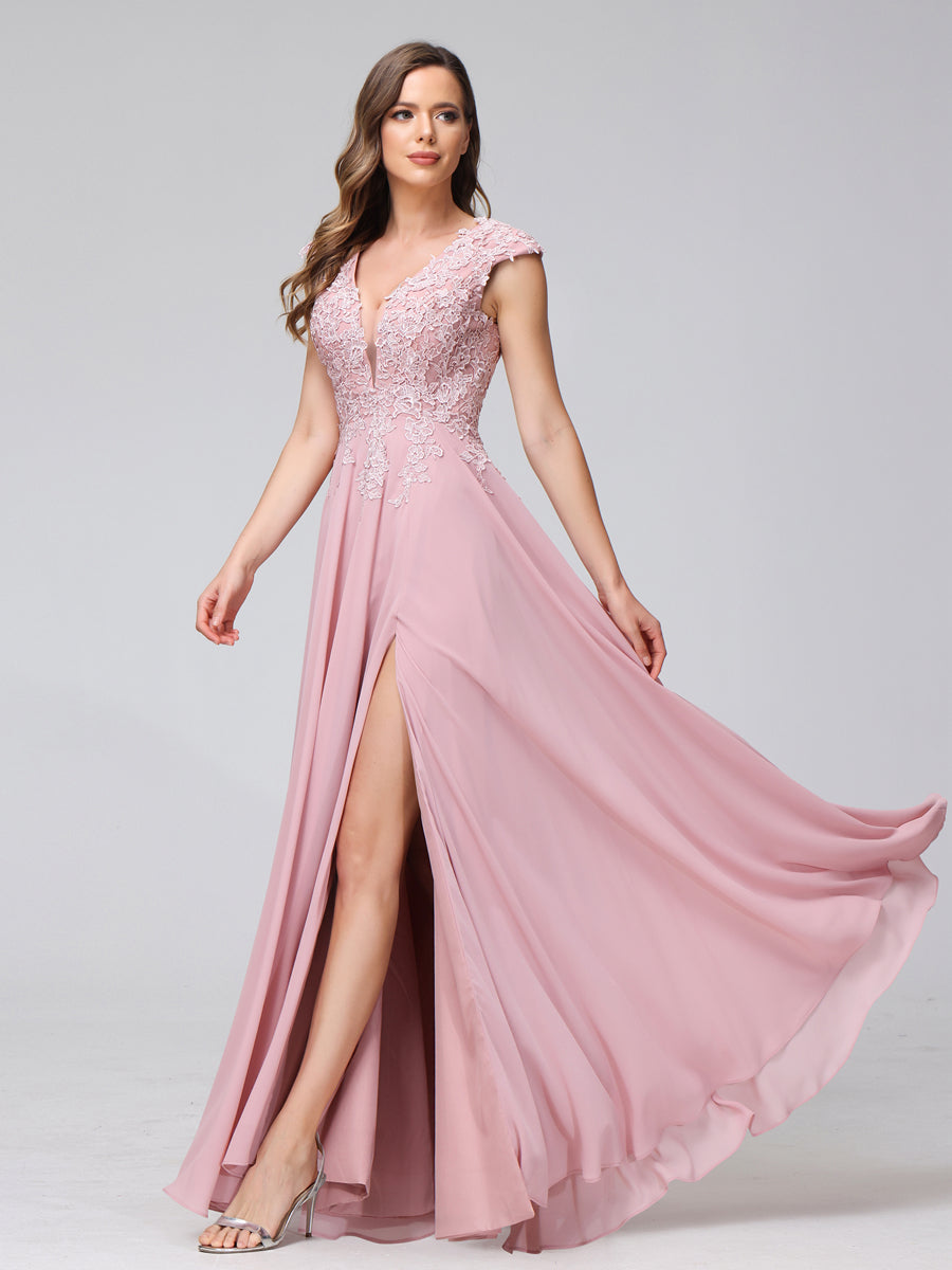 Vestidos Longos de Dama de Honra Em Chiffon Sem Mangas com Decote Em V e Apliques Laterais Divididas