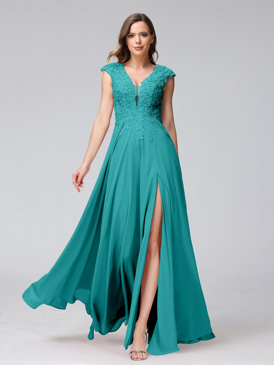 Vestidos Longos de Dama de Honra Em Chiffon Sem Mangas com Decote Em V e Apliques Laterais Divididas
