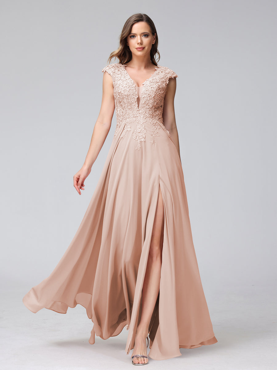 Vestidos Longos de Dama de Honra Em Chiffon Sem Mangas com Decote Em V e Apliques Laterais Divididas