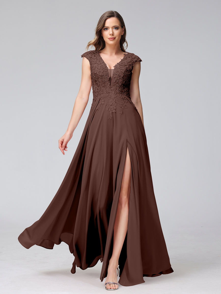 Vestidos Longos de Dama de Honra Em Chiffon Sem Mangas com Decote Em V e Apliques Laterais Divididas