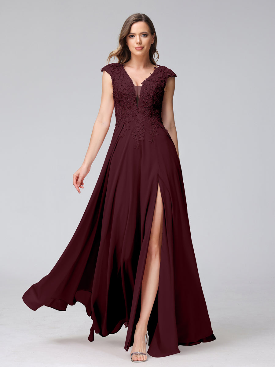 Vestidos Longos de Dama de Honra Em Chiffon Sem Mangas com Decote Em V e Apliques Laterais Divididas