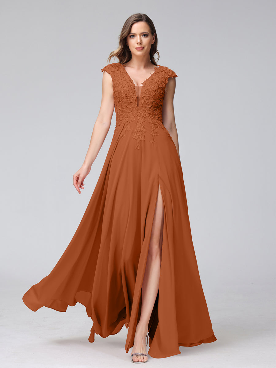 Vestidos Longos de Dama de Honra Em Chiffon Sem Mangas com Decote Em V e Apliques Laterais Divididas