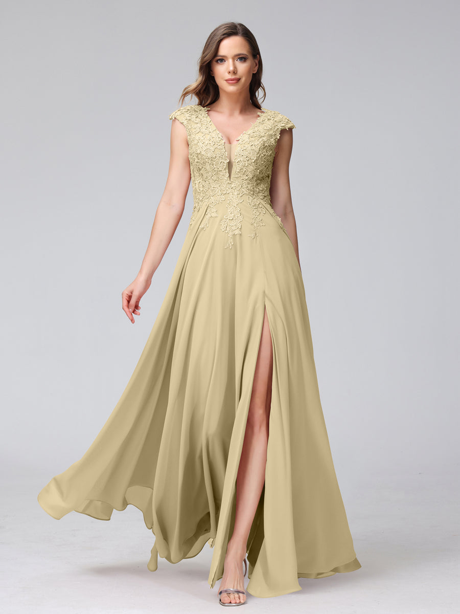 Vestidos Longos de Dama de Honra Em Chiffon Sem Mangas com Decote Em V e Apliques Laterais Divididas