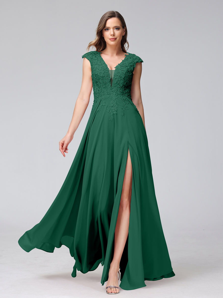 Vestidos Longos de Dama de Honra Em Chiffon Sem Mangas com Decote Em V e Apliques Laterais Divididas