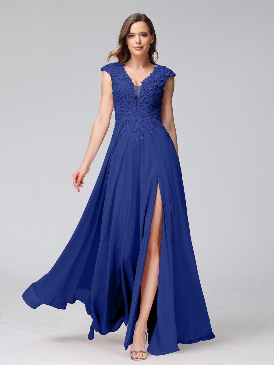 Vestidos Longos de Dama de Honra Em Chiffon Sem Mangas com Decote Em V e Apliques Laterais Divididas