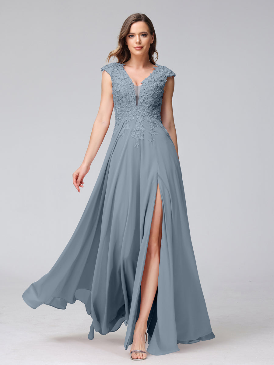 Vestidos Longos de Dama de Honra Em Chiffon Sem Mangas com Decote Em V e Apliques Laterais Divididas