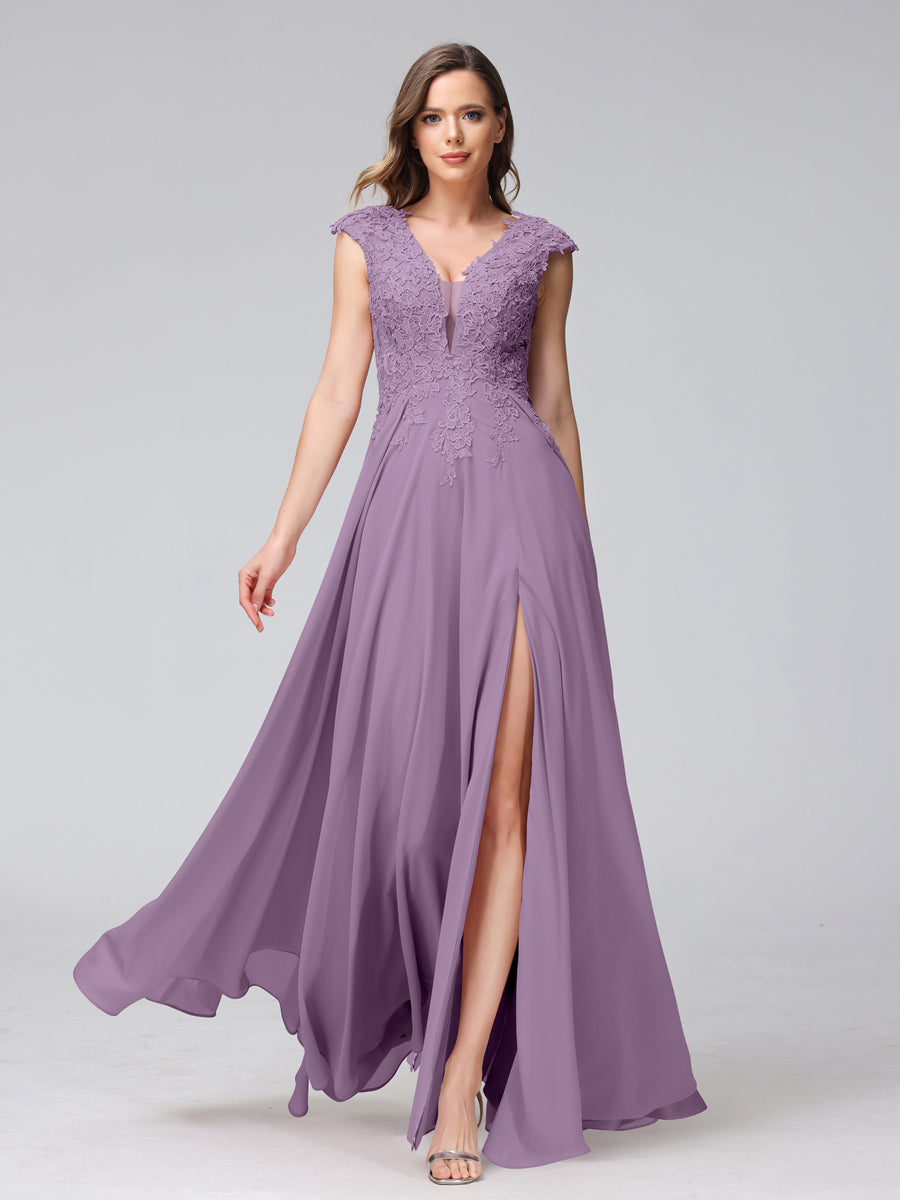 Vestidos Longos de Dama de Honra Em Chiffon Sem Mangas com Decote Em V e Apliques Laterais Divididas