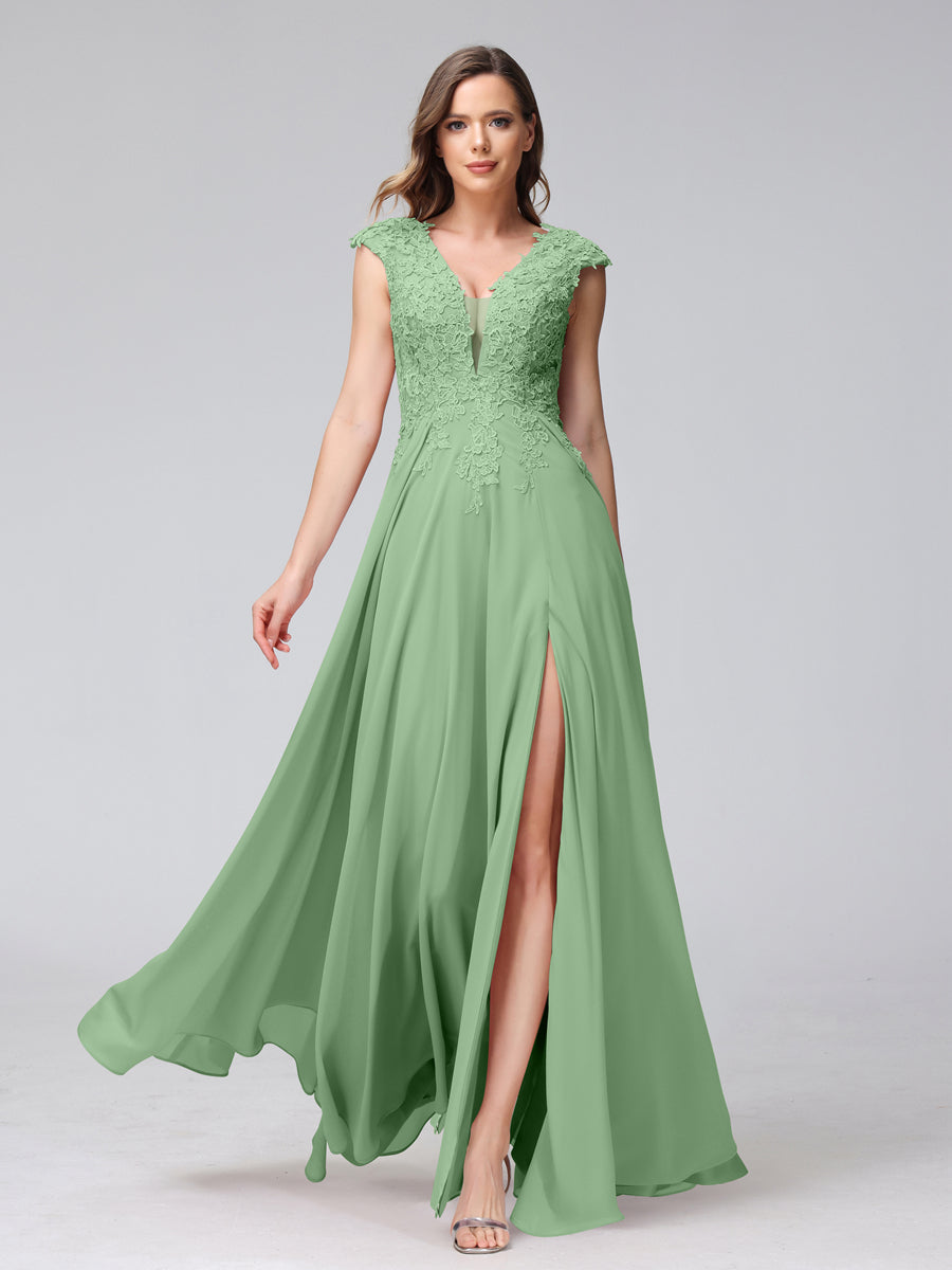 Vestidos Longos de Dama de Honra Em Chiffon Sem Mangas com Decote Em V e Apliques Laterais Divididas