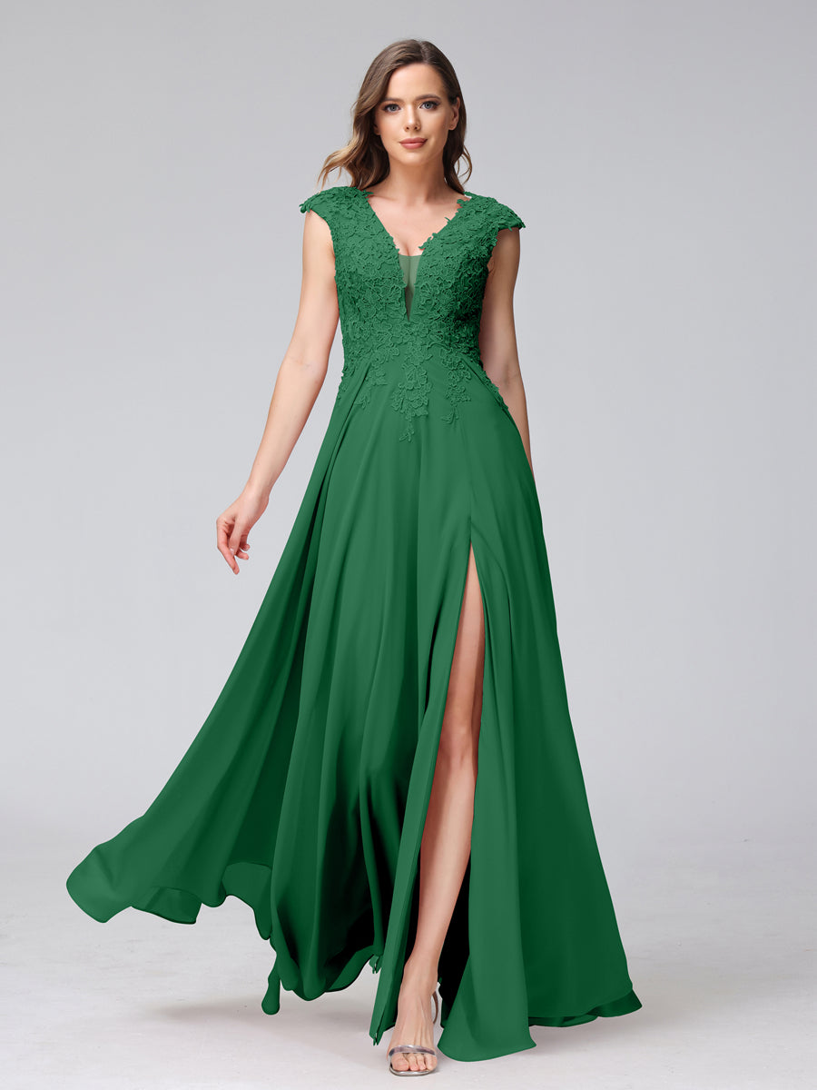 Vestidos Longos de Dama de Honra Em Chiffon Sem Mangas com Decote Em V e Apliques Laterais Divididas