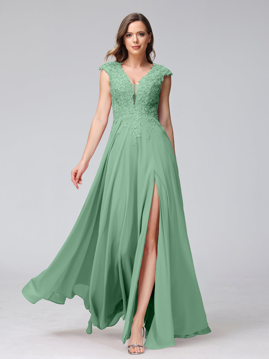 Vestidos Longos de Dama de Honra Em Chiffon Sem Mangas com Decote Em V e Apliques Laterais Divididas