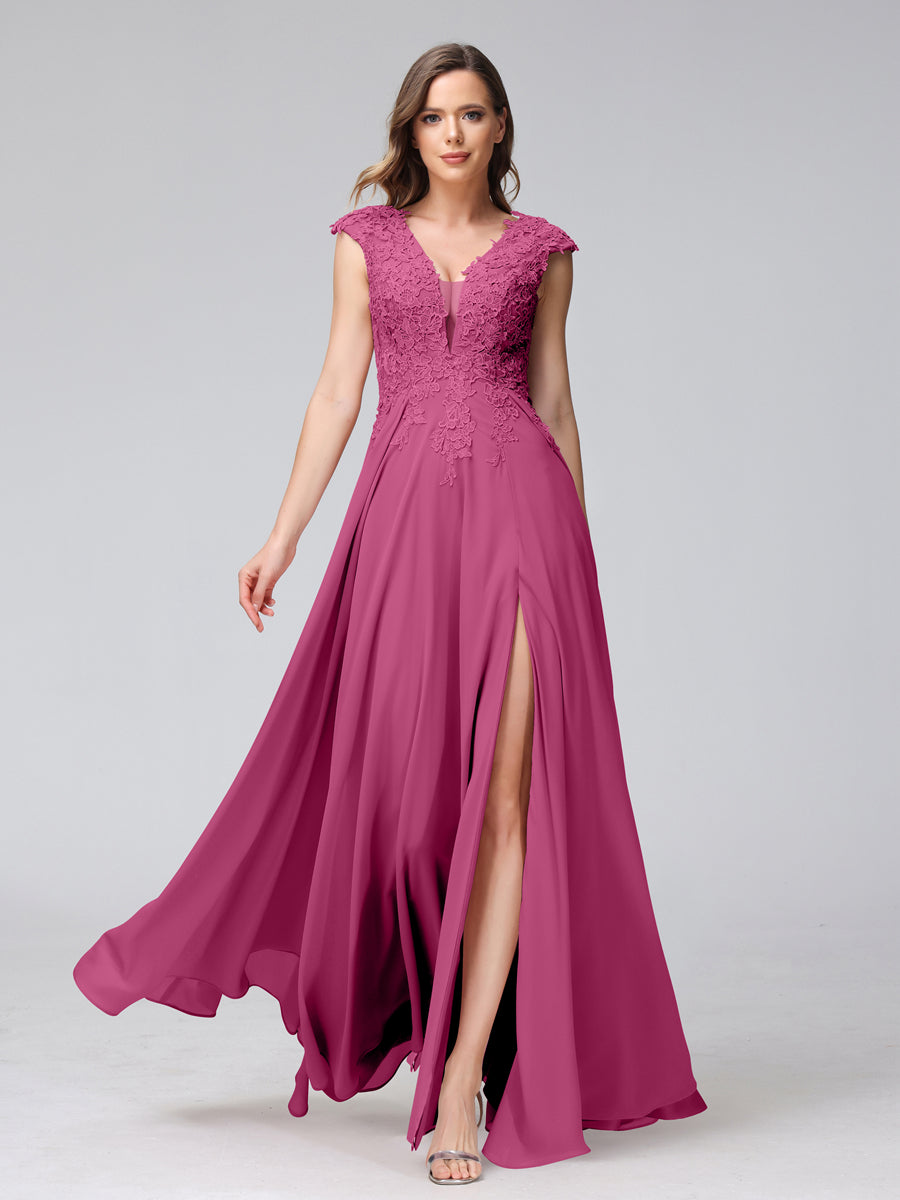 Vestidos Longos de Dama de Honra Em Chiffon Sem Mangas com Decote Em V e Apliques Laterais Divididas