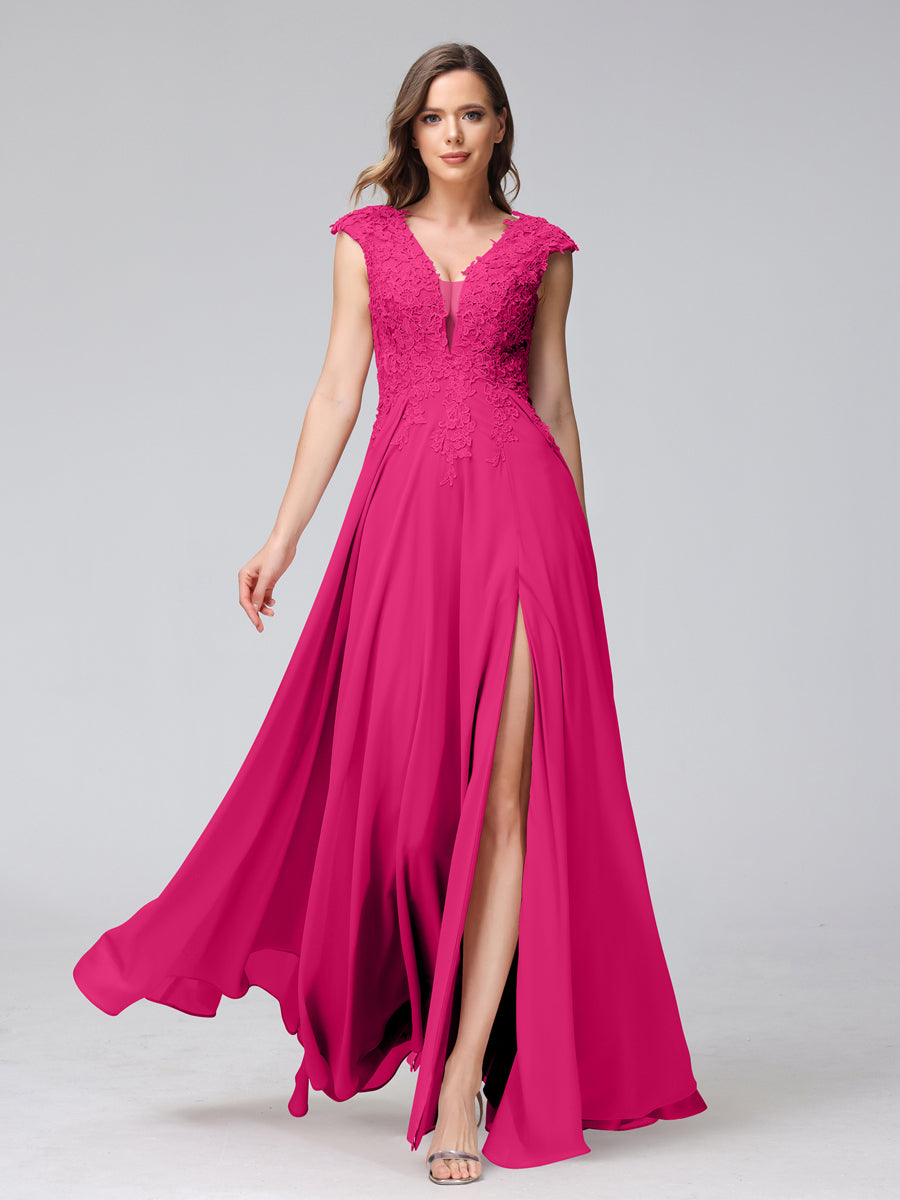 Vestidos Longos de Dama de Honra Em Chiffon Sem Mangas com Decote Em V e Apliques Laterais Divididas