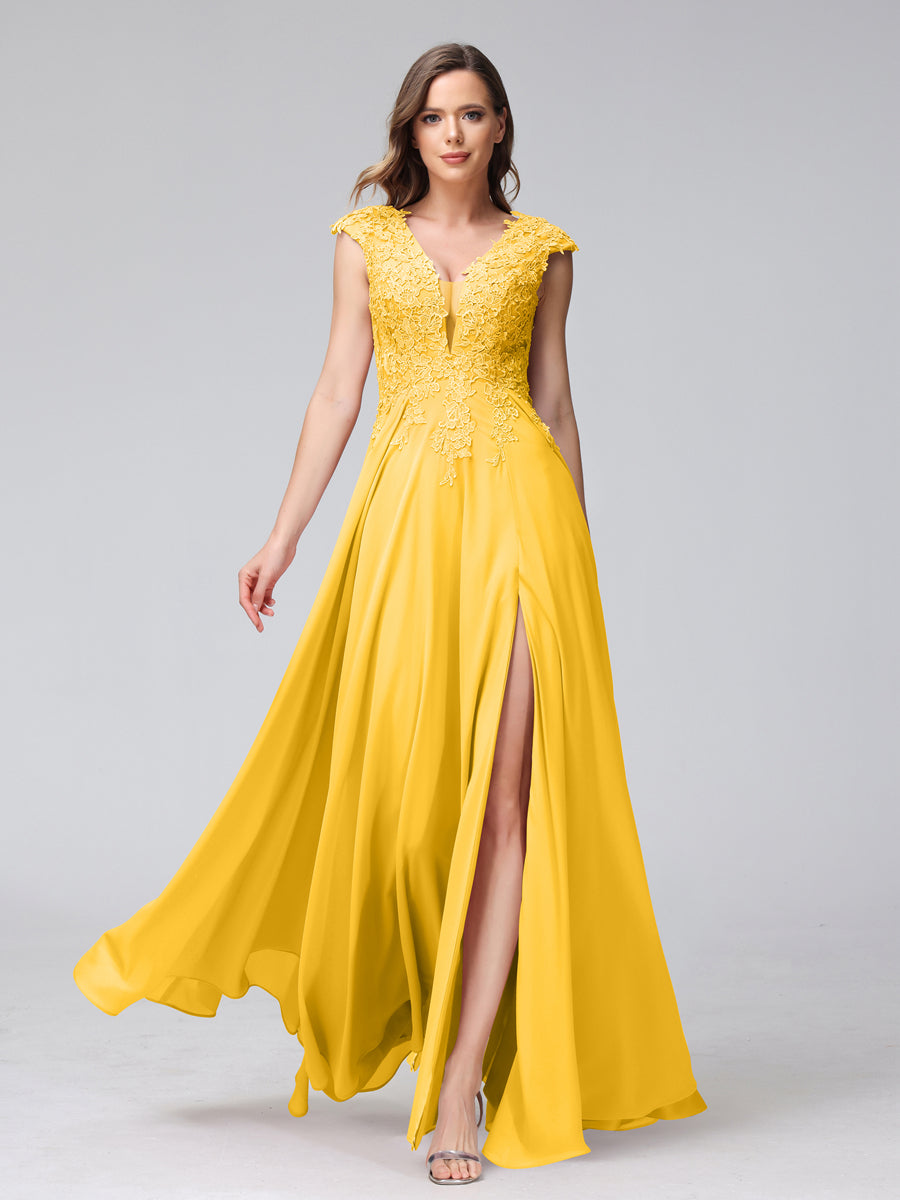 Vestidos Longos de Dama de Honra Em Chiffon Sem Mangas com Decote Em V e Apliques Laterais Divididas