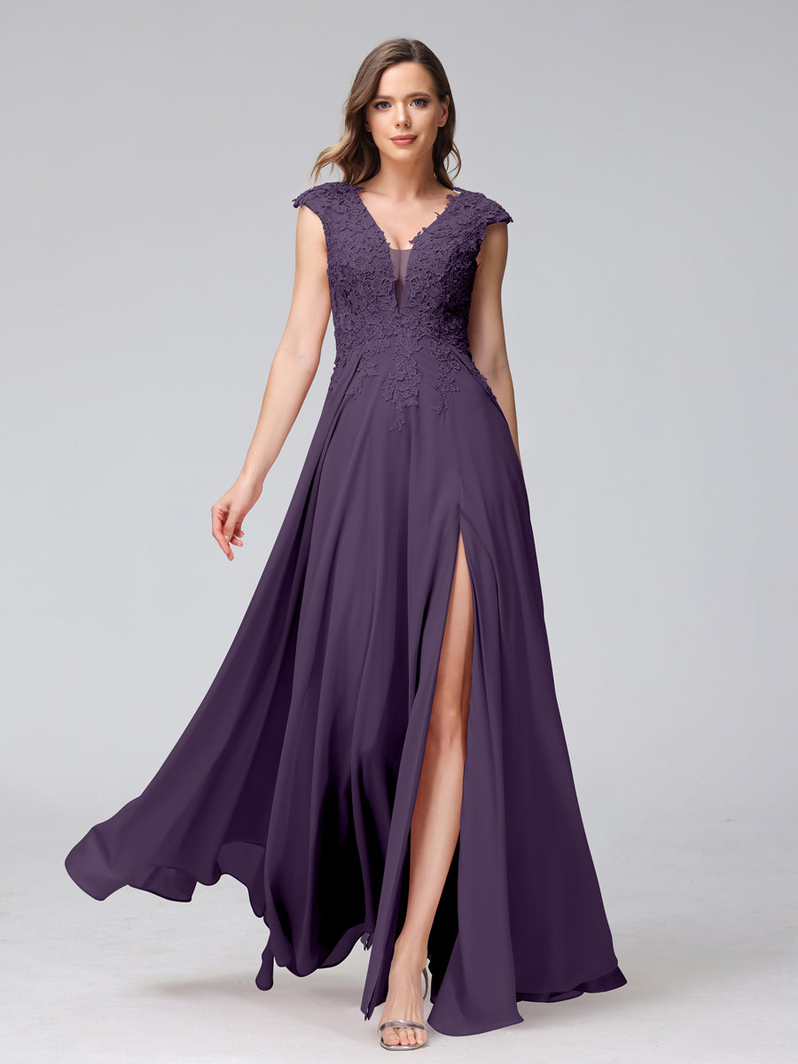 Vestidos Longos de Dama de Honra Em Chiffon Sem Mangas com Decote Em V e Apliques Laterais Divididas