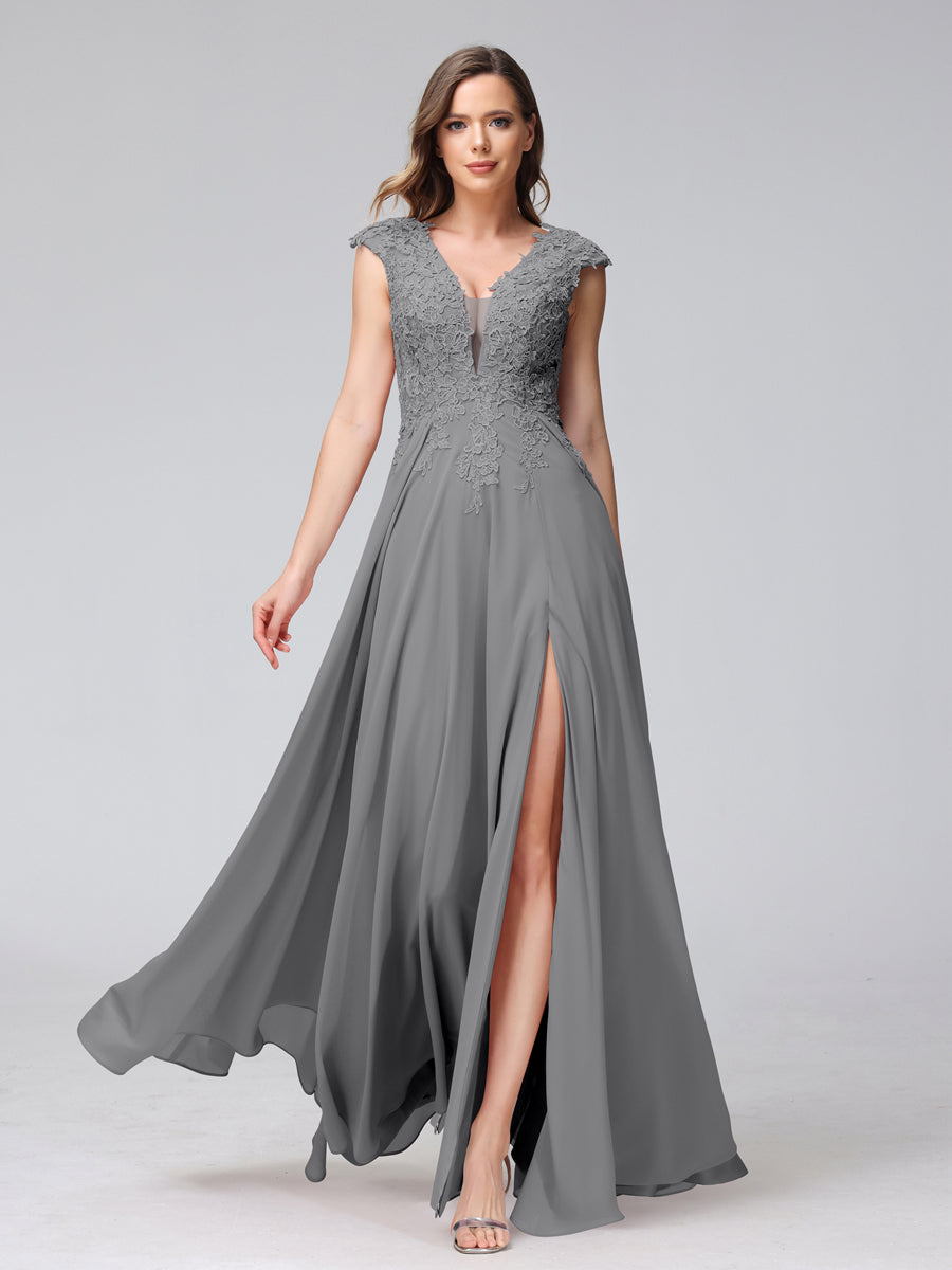 Vestidos Longos de Dama de Honra Em Chiffon Sem Mangas com Decote Em V e Apliques Laterais Divididas