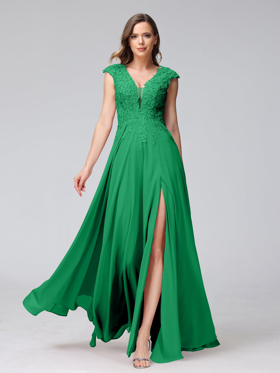 Vestidos Longos de Dama de Honra Em Chiffon Sem Mangas com Decote Em V e Apliques Laterais Divididas