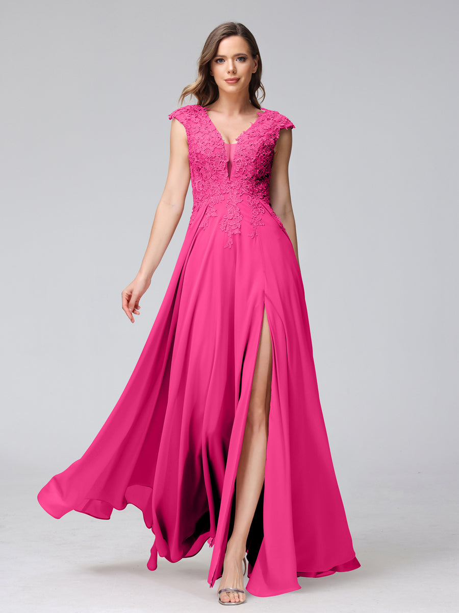 Vestidos Longos de Dama de Honra Em Chiffon Sem Mangas com Decote Em V e Apliques Laterais Divididas