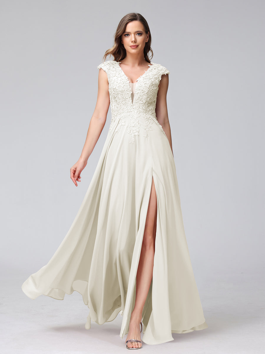Vestidos Longos de Dama de Honra Em Chiffon Sem Mangas com Decote Em V e Apliques Laterais Divididas