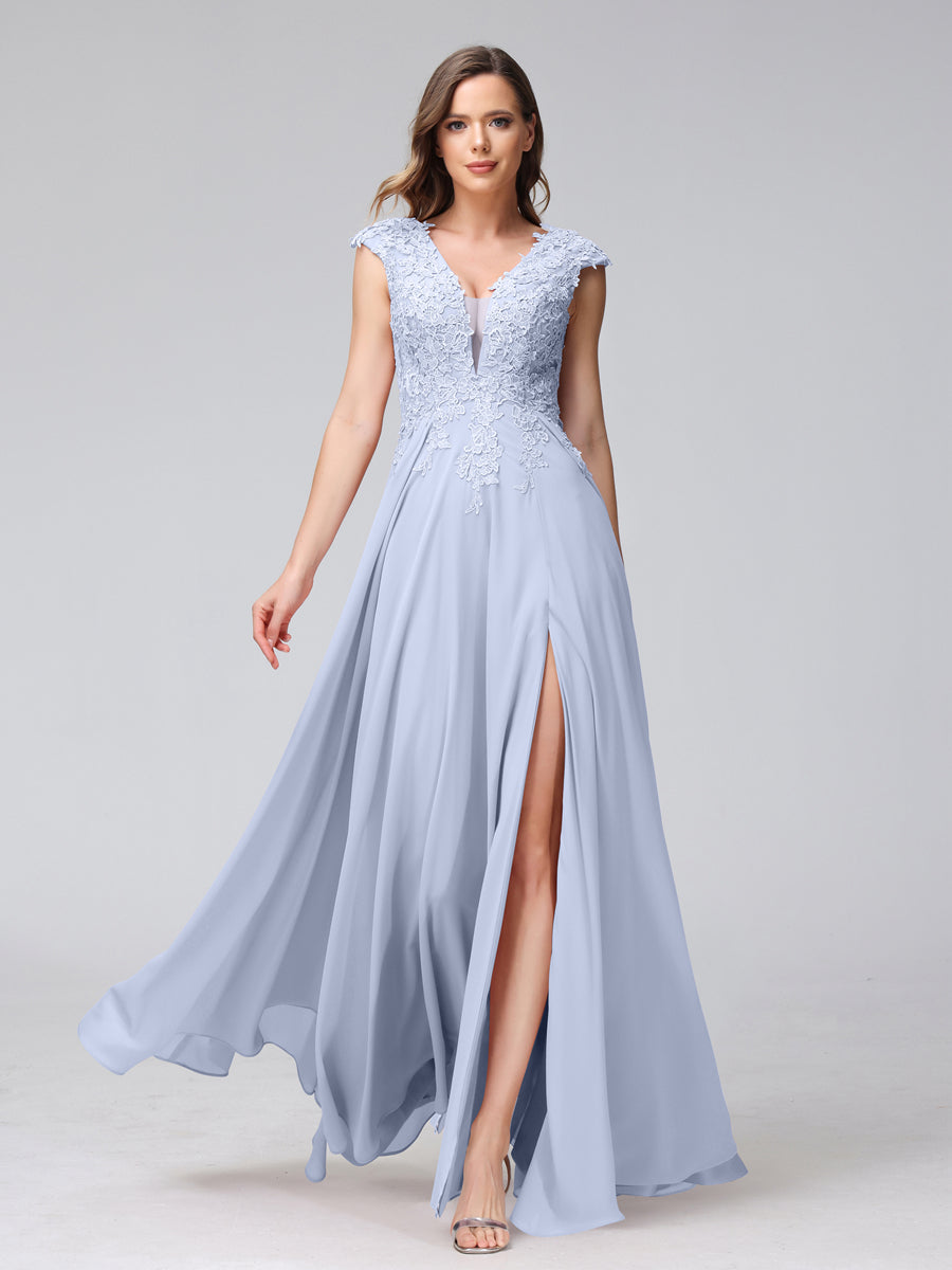 Vestidos Longos de Dama de Honra Em Chiffon Sem Mangas com Decote Em V e Apliques Laterais Divididas