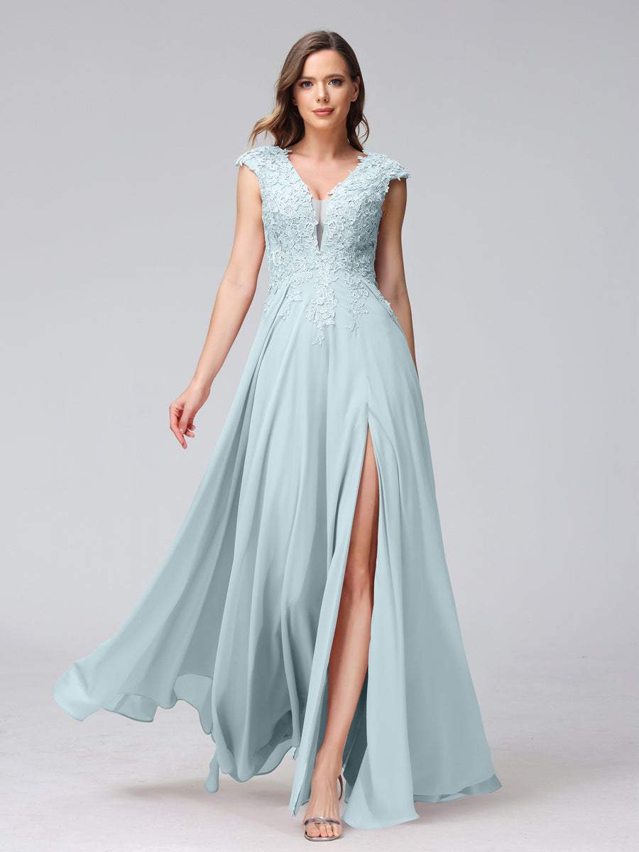 Vestidos Longos de Dama de Honra Em Chiffon Sem Mangas com Decote Em V e Apliques Laterais Divididas