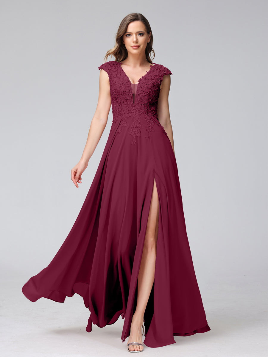 Vestidos Longos de Dama de Honra Em Chiffon Sem Mangas com Decote Em V e Apliques Laterais Divididas