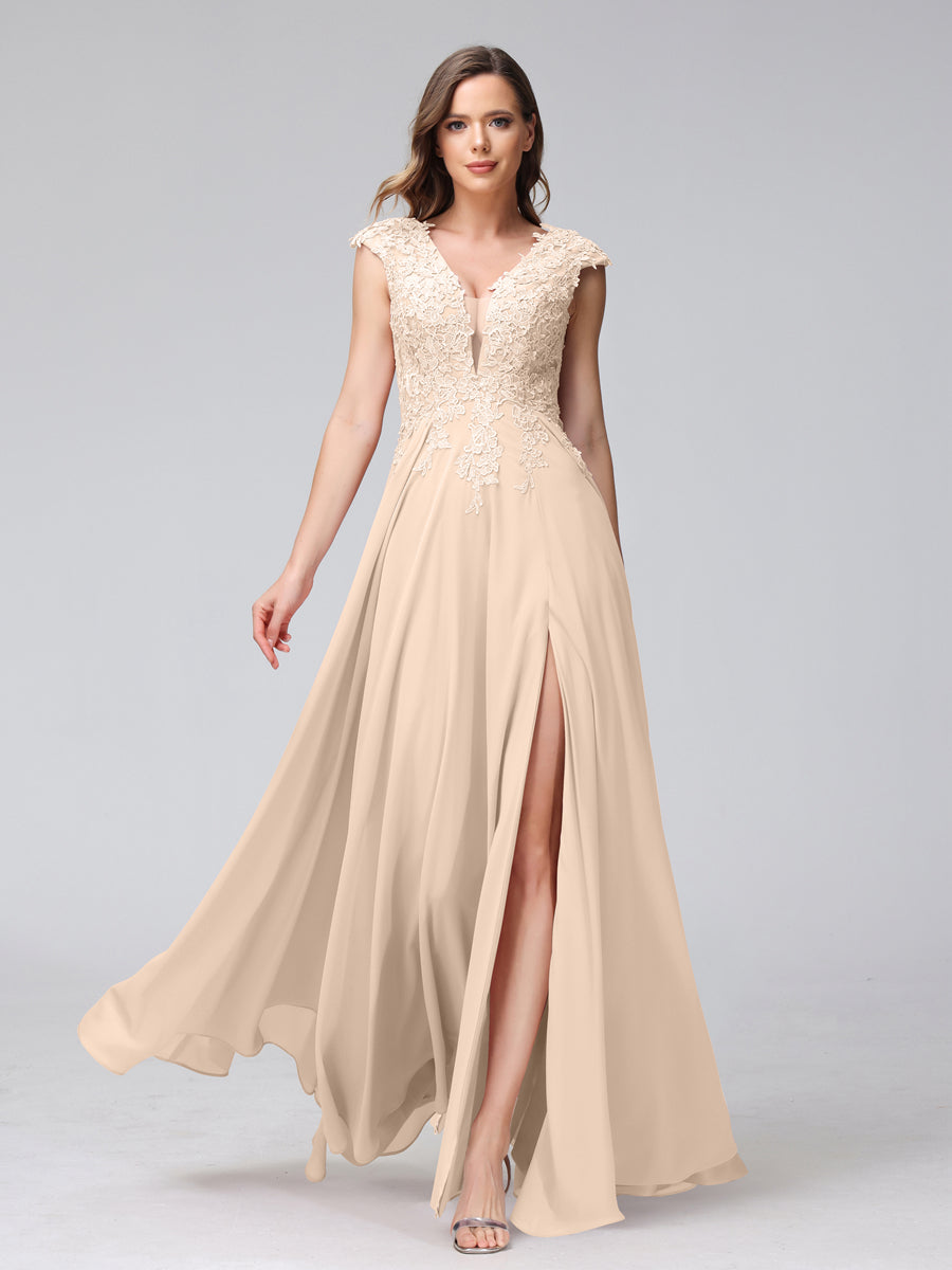 Vestidos Longos de Dama de Honra Em Chiffon Sem Mangas com Decote Em V e Apliques Laterais Divididas