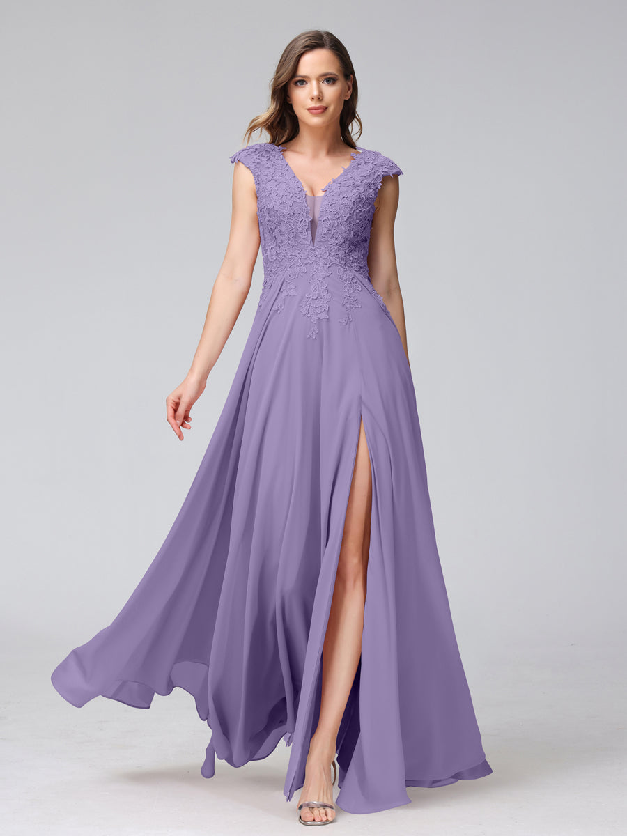 Vestidos Longos de Dama de Honra Em Chiffon Sem Mangas com Decote Em V e Apliques Laterais Divididas