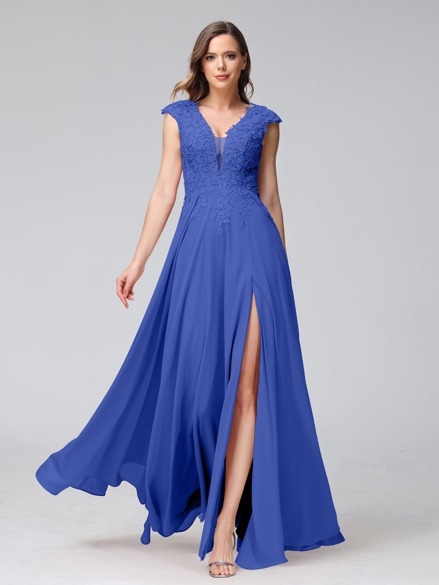 Vestidos Longos de Dama de Honra Em Chiffon Sem Mangas com Decote Em V e Apliques Laterais Divididas