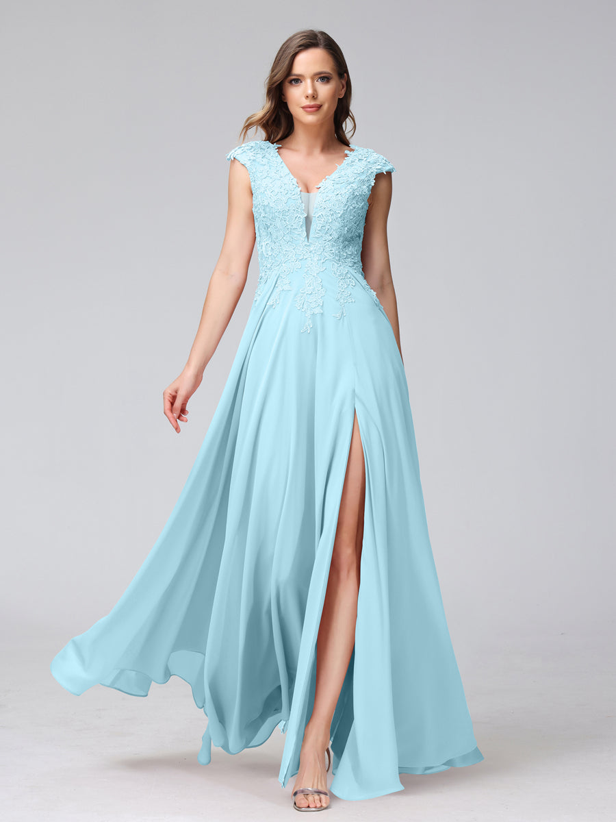 Vestidos Longos de Dama de Honra Em Chiffon Sem Mangas com Decote Em V e Apliques Laterais Divididas