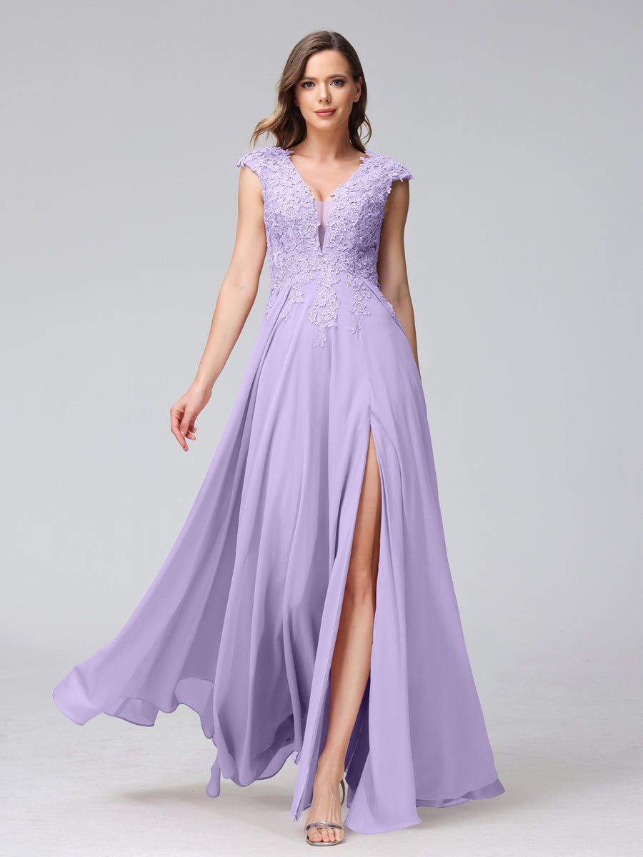 Vestidos Longos de Dama de Honra Em Chiffon Sem Mangas com Decote Em V e Apliques Laterais Divididas