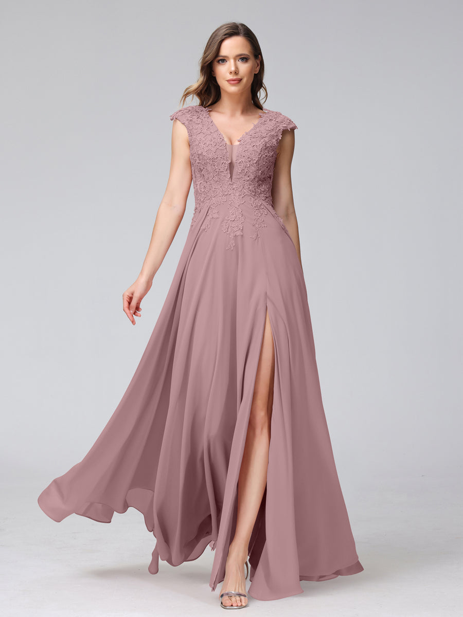 Vestidos Longos de Dama de Honra Em Chiffon Sem Mangas com Decote Em V e Apliques Laterais Divididas