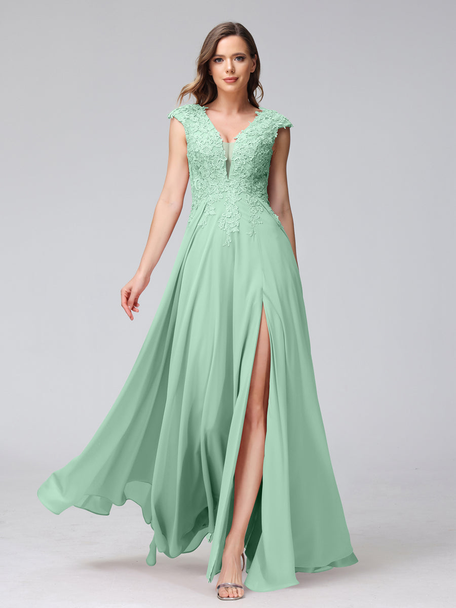Vestidos Longos de Dama de Honra Em Chiffon Sem Mangas com Decote Em V e Apliques Laterais Divididas