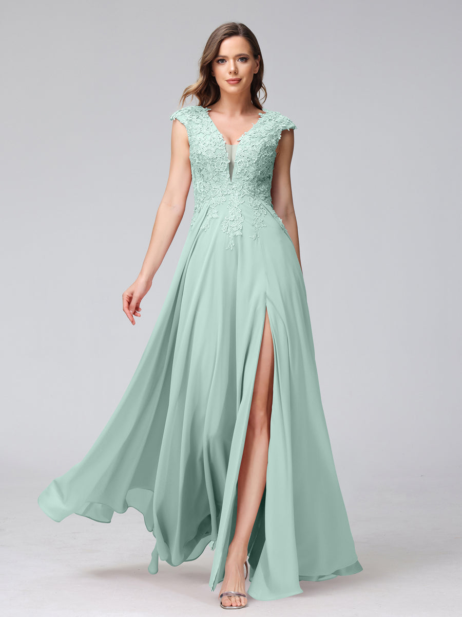 Vestidos Longos de Dama de Honra Em Chiffon Sem Mangas com Decote Em V e Apliques Laterais Divididas