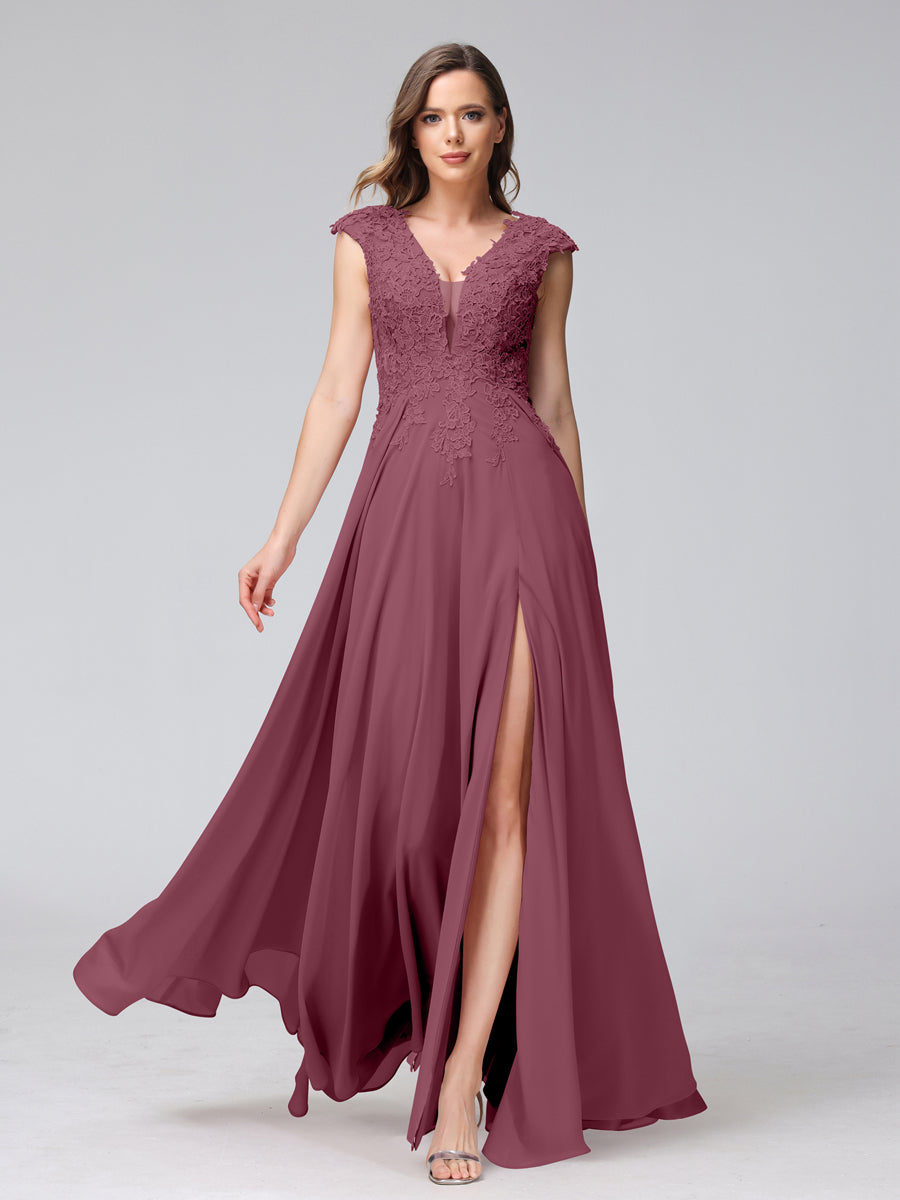 Vestidos Longos de Dama de Honra Em Chiffon Sem Mangas com Decote Em V e Apliques Laterais Divididas