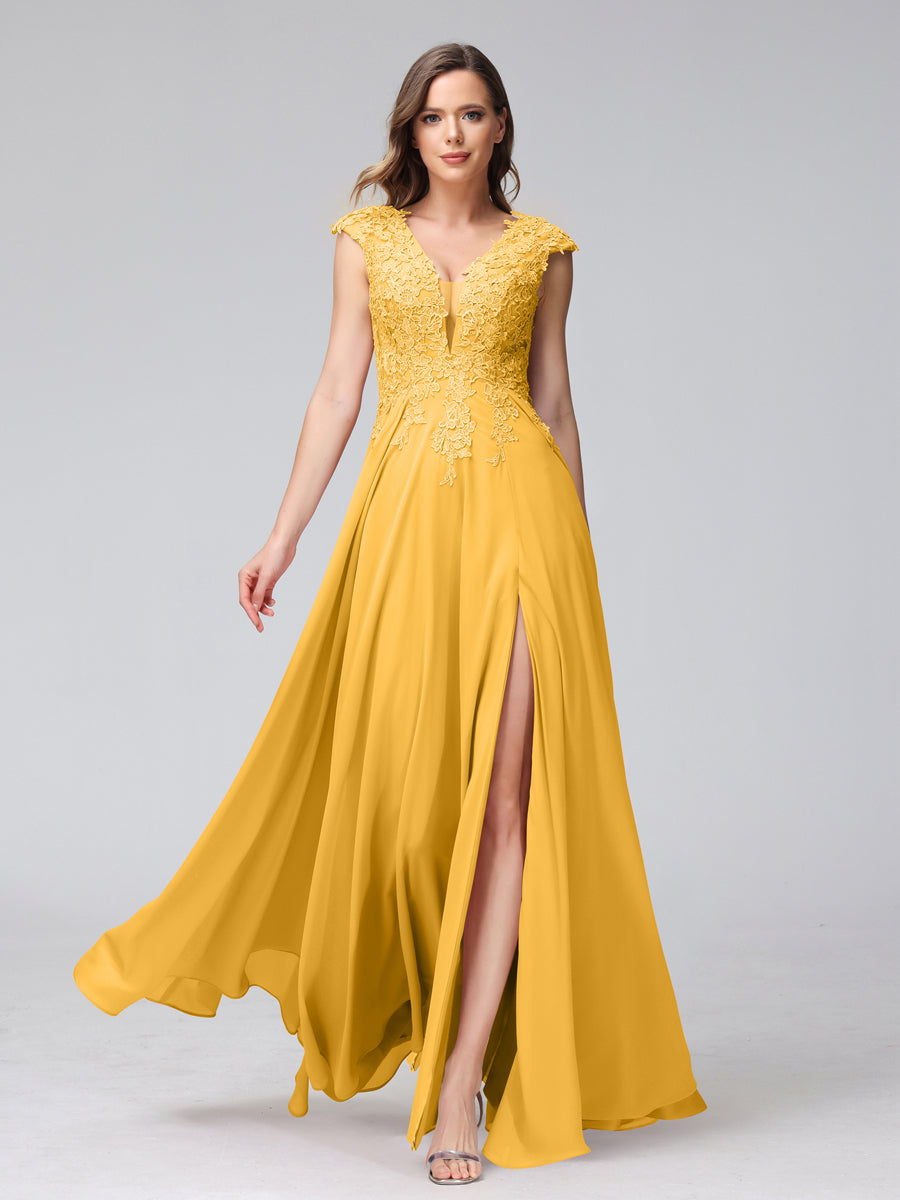 Vestidos Longos de Dama de Honra Em Chiffon Sem Mangas com Decote Em V e Apliques Laterais Divididas