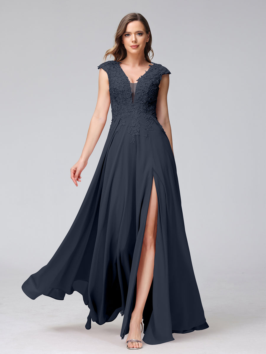 Vestidos Longos de Dama de Honra Em Chiffon Sem Mangas com Decote Em V e Apliques Laterais Divididas